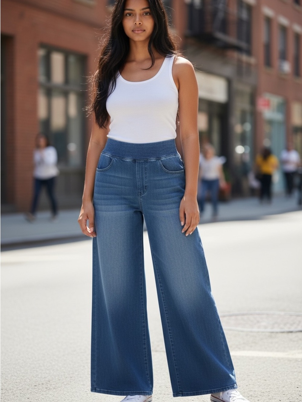 Halara Women’s Wide Leg Pull On Jeans Size M Petite Blue Stretch Denim